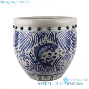 RZFH31 hand painted blue and white fish and alga design porcelain big planter