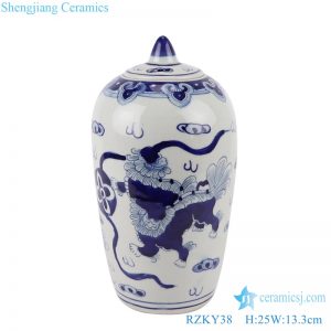 RZKY38 Antique Blue and white Ceramic pot Porcelain Lion Design Wax gourd Shape  Porcelain Heaven Temple jars