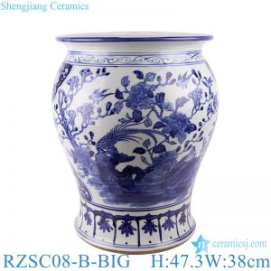 RZSC08-B Jingdezhen hand painted blue and white round flowers and birds pattern ceramic stool