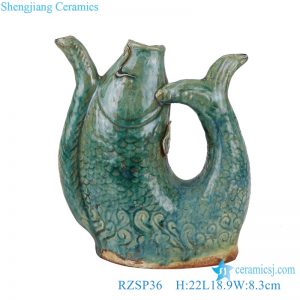 RZSP36 Antique Porcelain Kiln green glazed carp kettle shape Ceramic vase