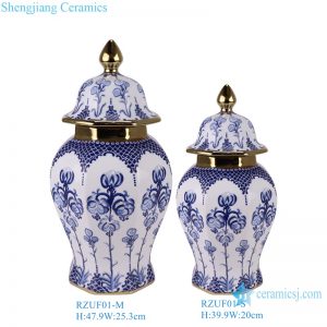 RZUF01-M-S Jingdezhen Blue and White Twisted Flowers Pattern Storage Holder Ceramic gold trim Ginger Jar