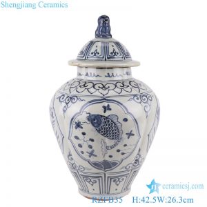 RZFB35 hand painted blue and white open window fish and alga lion head ceramic ginger jar