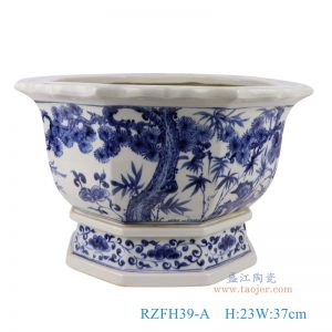 RZFH39-A  Blue and white crane, pine bamboo and plum pattern flower mouth flowerpot with eight edges