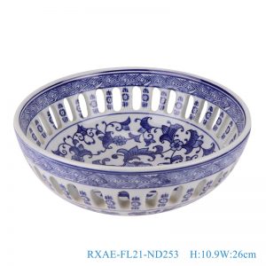 RXAE-FL21-ND253 Blue and White Hollow out Porcelain Twisted flower Round shape Ceramic Fruit Bowl Plate
