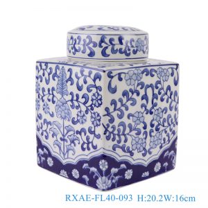 RXAE-FL40-093 Jingdezhen Blue and White Square shape Twisted Flower Tea Canister Jars Porcelain Pot