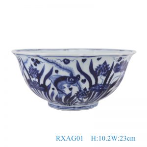 RXAG01 Antique Blue and White Porcelain Fish Lines and Pattern Hand painted Ceramic Bowl