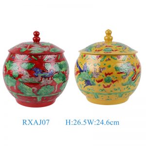 RXAJ07-A-B Carved dragon and phoenix Mandarin ducks playing Yellow Red color Glazed with Lotus Pattern Big Belly Porcelain Jars