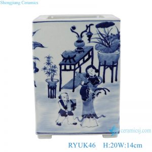 RYUK46 Blue and white lady children figure square porcelain pot