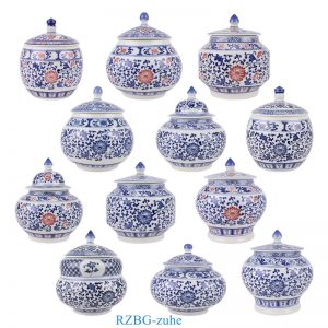 RZBG -zhuhe Porcelain Blue and white Twisted flower desgin Red Glazed Ceramic Storage Tea Jars Canister pot