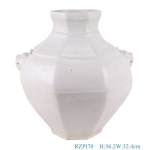 RZPI70 Porcelain White Glazed Iregular Octahedral shape Ceramic  Pot Vase Decoration with Lion head