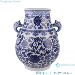 RZFQ35 Blue and White Porcelain Tabletop Vase with ears Twisted Flower Pattern Blessing bucket shape