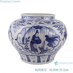 RZKR52 Antique blue and white porcelain Hand painted Ancestor character open window Round Ceramic Pot