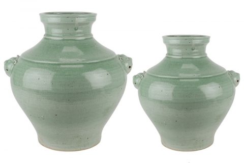 RZPI79-L-S Antique Green glazed ceramic storage pot Urn Round shape vase Deco with lion head