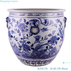 RZSC50 Blue and White Jingdezhen Porcelain Bird and Flower Pattern with Lion ring Ceramic Big Pot Vat