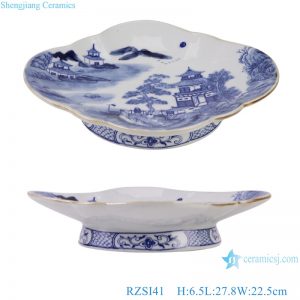 RZSI41 Blue and White High foot Landscape Pattern Flower Oval shape Ceramic Fruit Plate