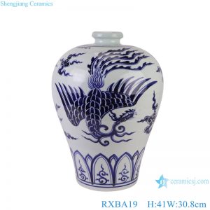 RXBA19 Jingdezhen hand painted blue and white phoenix  pattern meiping bottle ceramic vase