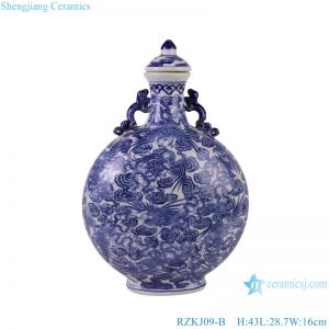 RZKJ09-B Jingdezhen hand painted blue and white crane pattern moon flask bottle porcelain vase