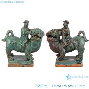 RZSP50 Jingdezhen green figure riding lion ceramic sculpture