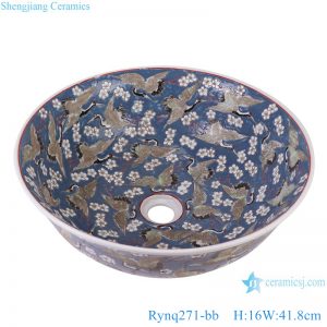 Rynq271-bb Carved Design Porcelain Crane pattern Bowl Bathroom sink Hotel wash basin