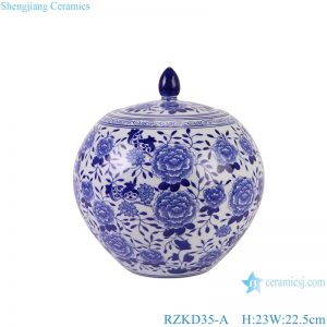 RZKD35-A Blue and White Peony Flower Pattern Watermelon shape Ceramic Pot Lidded Jars