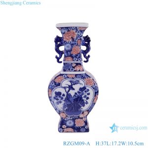 RZGM09-A Open Window Underglazed Red  flower and bird Square shape Ceramic flower Vase