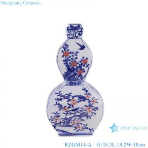 RZGM14-A Underglazed Red Flower and bird Blue and White Porcelain Flat belly Ceramic Gourd shape Flower Vase