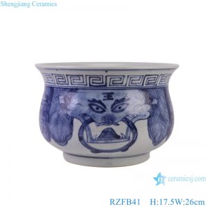 RZFB41 hand painted blue and white lion head pattern porcelain censer