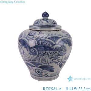 RZSX81-A  Blue and White Porcelain Sea Grass Fish Pattern Antique Design Flat Belly shape Ceramic Storage Pot Jars