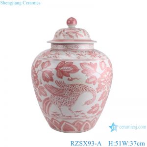 RZSX93-A Jingdezhen Underglazed Red Belly shape Flower and Bird storage pot decorative porcelain jar