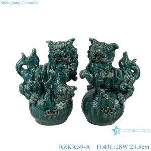 RZKR59-A Dark Green Foo Dogs poodles Pug-dog Sculptures in pair Ceramic Statues
