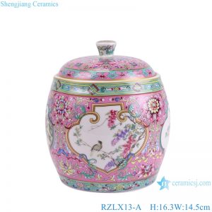 RZLX13-A  Enamel Pink Color Glazed Open window flower and bird Pattern Ceramic Pot Tea Jars