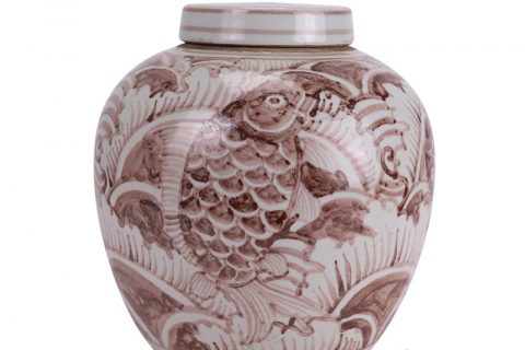 RZSX07-C Antique Hand painted  Under glazed red fish-pattern Ceramic Pot Canister Small Jars