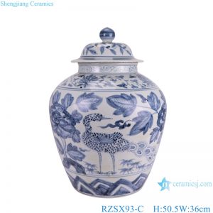 RZSX93-C Antique Blue and White Porcelain Peony Flower and Crane Pattern Ceramic Pot Lidded Jars