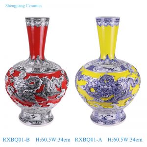 RXBQ01-A-B Yellow and Black Dragon carved antique style Porcelain flower vase Home decorative Art