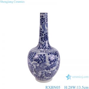 RXBN05 blue and white phoenix and floral pattern porcelain vase for home decoration