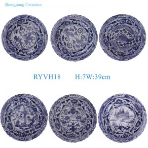 RYVH18-A-B-C-D-E-F-G Jingdezhen Antique Blue and white Phoenix, Fish, bamboo and plum,mandarin duck, Dragon pattern Ceramic plate Large Platter