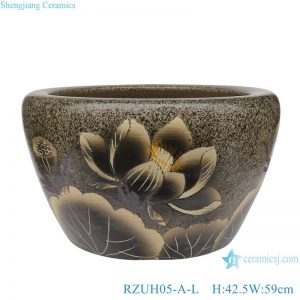 RZUH05-A-L-M-S Antique high quality grayish brown color glaze carved lotus pattern fish tank ceramic planter