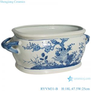RYVM31-B Blue and white Ceramic Planter oval shape plum blossom Peony flower Pot