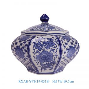 RXAE-YYH19-031B low price beautiful blue and white floral pattern octangle shape ceramic jar