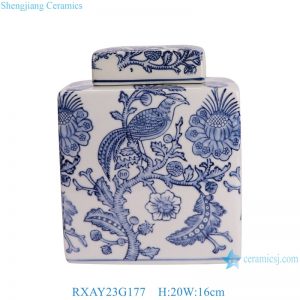 RXAY23G177 Blue and white flower bird square jar Tea Canister Pot