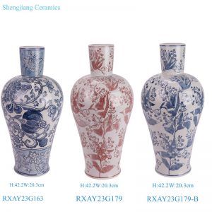 RXAY23G179-B/RXAY23G163 Modern Style Red Long Neck leaf pattern Chinese blue and white Ceramic Flower vase