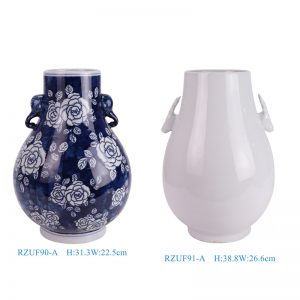 RZUF90-91-A beautiful blue and white peony floral pattern both ears ceramic vase for home decoration