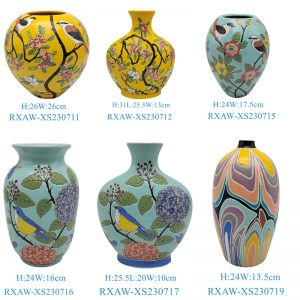RXAW-XS230711 Yellow and Blue Color flower and bird Pattern Ceramic Flower Vase