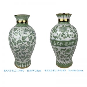 RXAE-FL19-346G-FL21-346G  green and white beautiful floral pattern with gold trim ceramic vase for home decoration