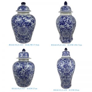 RXAE-FL21 series blue and white floral pattern ceramic temple jar for home decoration