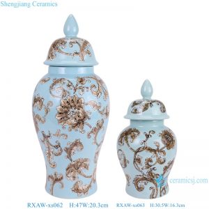 RXAW-xs062/63 Modern Style Blue color glazed Flower and Leaf Pattern Ceramic Jar lidded Pots