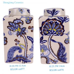 RXAW-xs076 / RXAW-xs077  Blue and White Porcelain Flower Pattern Square shape Ceramic Tea Canister Pot
