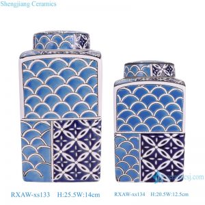 RXAW-xs133_xs134 Straight Cylindrical Sea Wave pattern Ceramic Square jar Flat Lidded Can Tea Canister