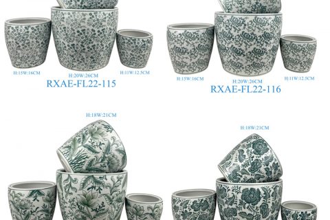 RXAE series beautiful green and white round shape flower design 4pcs sizes set ceramic flower pot planter