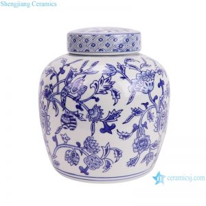 RXAE-FL19-401 Blue and White Porcelain Round Bird and Flower Pattern Cermic Jars with lid